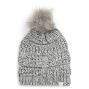 Treasure & Bond Womens Faux Fur Pom Beanie One Size Grey Knit NWT